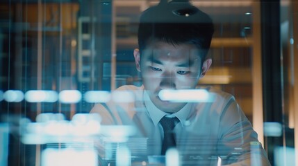 Serious business man typing on laptop computer and software development online research or information technology App developer or asian person on digital multimedia and office glass r : Generative AI