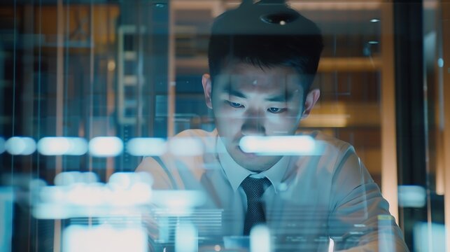 Serious business man typing on laptop computer and software development online research or information technology App developer or asian person on digital multimedia and office glass r : Generative AI