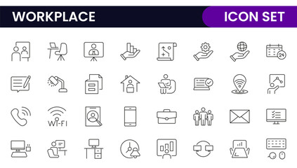 Workplace web icons in line style. Employ, conference, project, document, business, work, support, contact us, productivity strategy, collection.