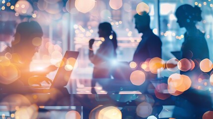 Business people laptop and meeting in planning teamwork or coaching for project on bokeh background at office Group of happy employees working on computer for schedule plan ideas or te : Generative AI