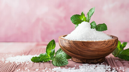 Natural Sugar Substitute with Mint Leaves in a Wooden Bowl on a Pink Background. Stevia