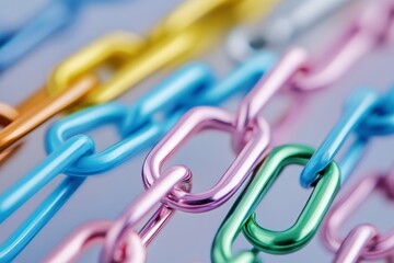 colorful interlinked paper clips forming a chain on a soft blue background symbol of connection and unity