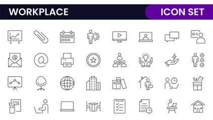 Workplace web icons in line style. Employ, conference, project, document, business, work, support, contact us, productivity strategy, collection.