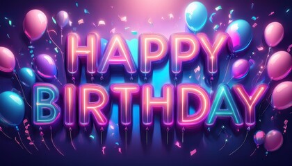 Stunning 3D illustration of a 'Happy Birthday' message in vibrant neon lights, accompanied by glowing balloons and festive confetti in a lively celebration atmosphere. Neon Glow Happy Birthday 
