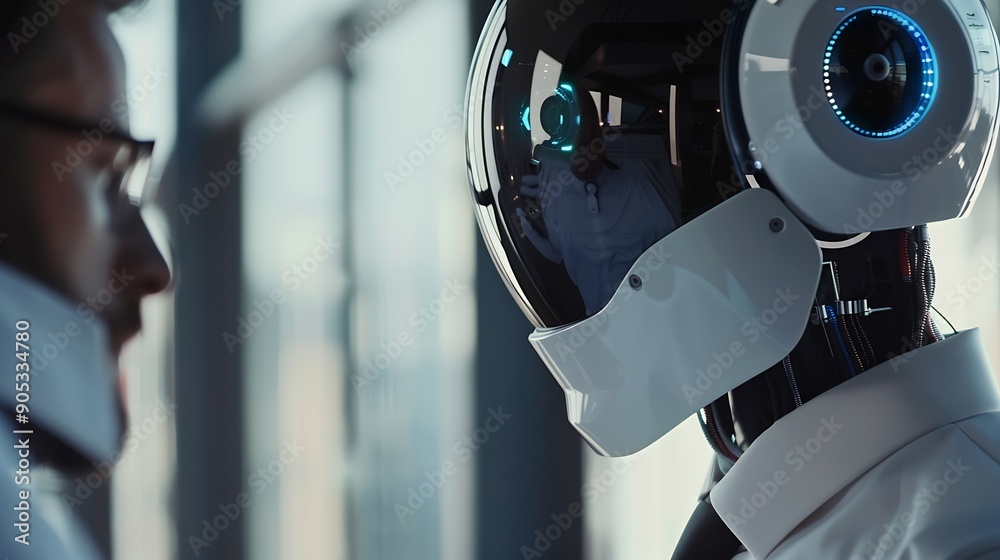 Aufkleber AI robotic Artificial Intelligence businessman using AI chatbot for conversation with human Futuristic technology and digital communication concept : Generative AI