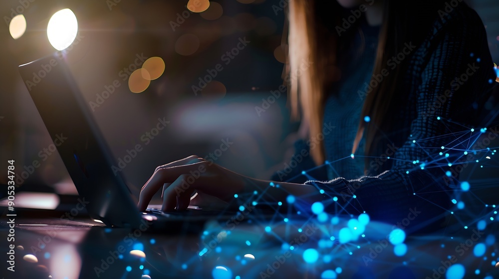 Poster Digital technology internet network connection digital marketing IoT internet of things Woman using mobile phone and laptop computer connecting the internet technology background cloud : Generative AI