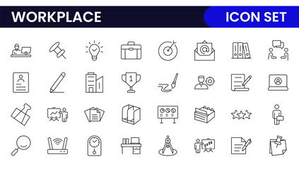 Workplace web icons in line style. Employ, conference, project, document, business, work, support, contact us, productivity strategy, collection.