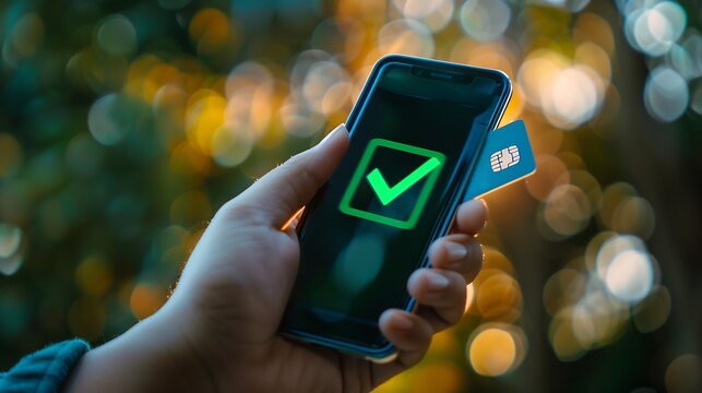 Digital online payment online banking online shopping and financial transaction success concept Hand holding credit card and smartphone display payment successful message with green ch : Generative AI