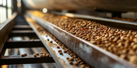 Coffee Beans on Conveyor Belt in Industrial Processing Facility
