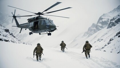 A military helicopter flies low over a snowy mountain pass in a snowstorm. Two soldiers  disembark into the deep snow, quickly setting up a perimeter as heavy snow and dark clouds surround them.
