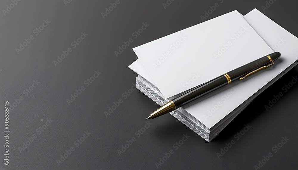 Poster solid gray background with stack of business cards and pen, ample copy space