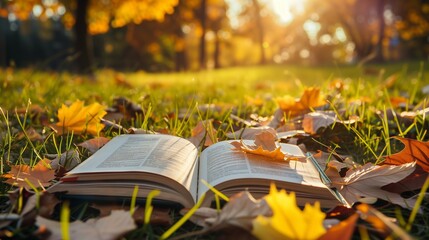 An open book on grass surrounded by autumn leaves under warm sunlight, symbolizing relaxation and mindfulness in nature therapy.