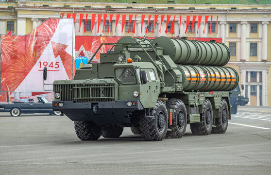 SAINT PETERSBURG, RUSSIA - JUNE 20, 2020: The launcher of the S-400 Triumph anti-aircraft missile system close-up. Saint-Petersburg