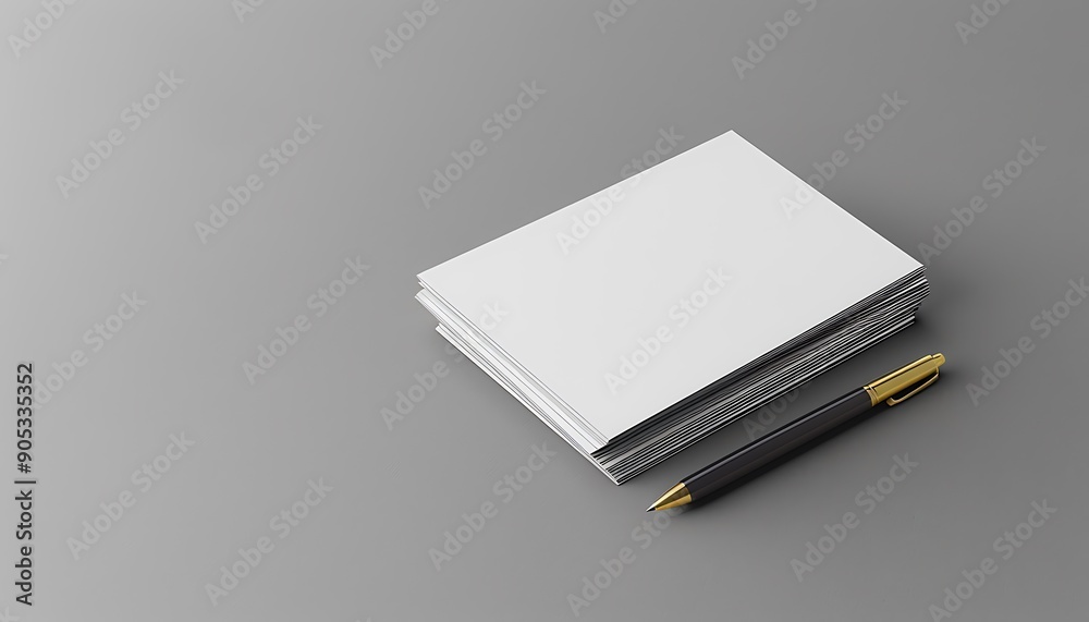 Aufkleber solid gray background with stack of business cards and pen, ample copy space