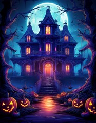 Gothic Haunted House with Moonlit Pumpkins

