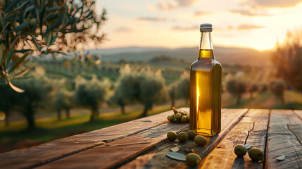  bottle with olive oil, premium quality standing on a wooden table, some olives on the table, professional publicity photo, italian olive yard in the background