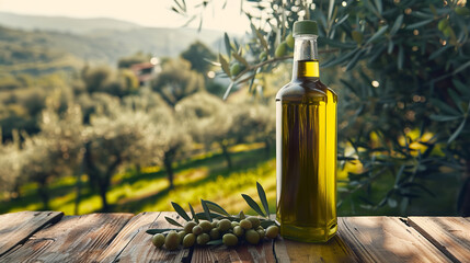 bottle with olive oil, premium quality standing on a wooden table, some olives on the table, professional publicity photo, italian olive yard in the background