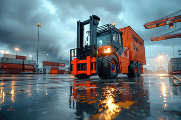 Forklift under stormy skies in container yard. Forklift operates under stormy skies in a container yard, emphasizing the resilience and importance of logistics in adverse weather conditions.