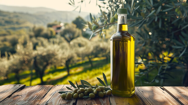  bottle with olive oil, premium quality standing on a wooden table, some olives on the table, professional publicity photo, italian olive yard in the background