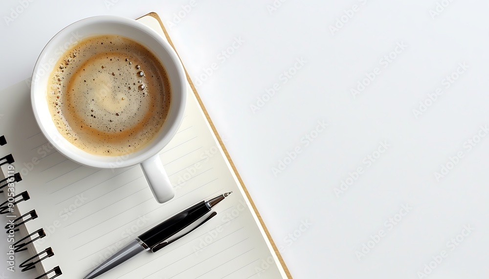 Poster solid white background with coffee cup and pen on notebook, ample copy space