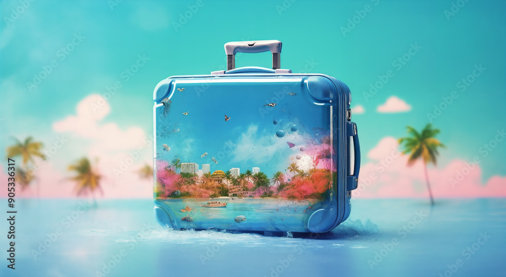 Wall mural a suitcase with a painting of a tropical island on it's side and palm trees in the background