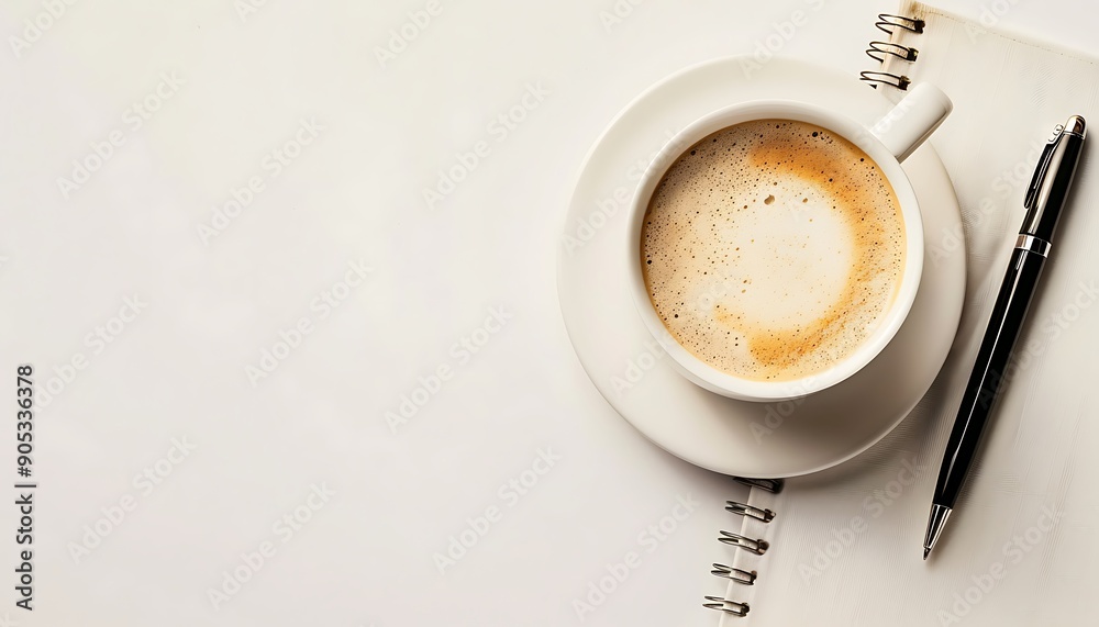Aufkleber solid white background with coffee cup and pen on notebook, ample copy space