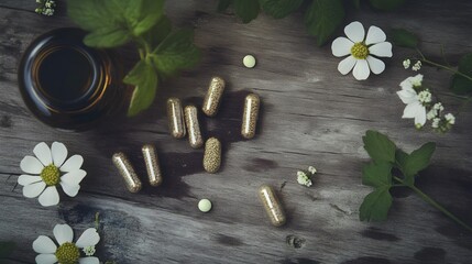 Fototapeta premium Herbal capsules and flowers on rustic wood.