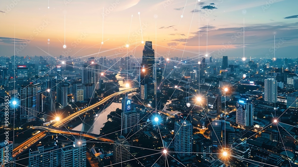 Aufkleber Wireless network and Connection technology concept with Abstract Bangkok city background : Generative AI