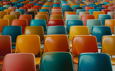 Fototapeta premium An arrangement of colorful plastic chairs in rows, displaying a vibrant pattern of different hues.