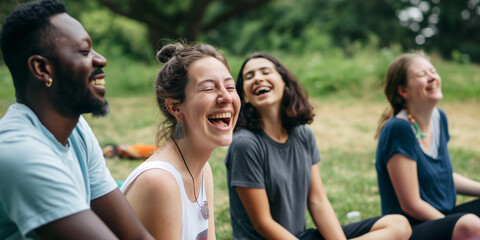 Group of Friends Laughing Together Outdoors in Summer Park