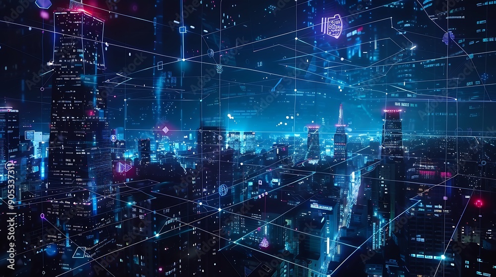Aufkleber Imaginative visual of smart digital city with globalization abstract graphic showing connection network  Concept of future 5G smart wireless digital city and social media networking sy : Generative AI