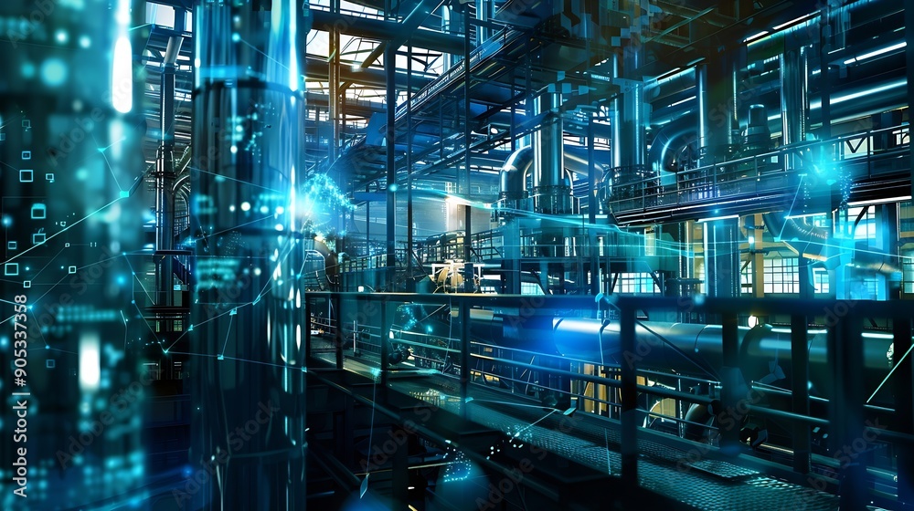 Poster Modern factory and communication network concept Telecommunication IoT Internet of Things ICT Information communication Technology 5G Smart factory Digital transformation : Generative AI