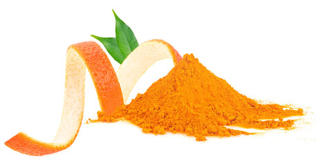 Dried orange powder with fresh orange zest and green leaves of orange fruit isolated on a white...