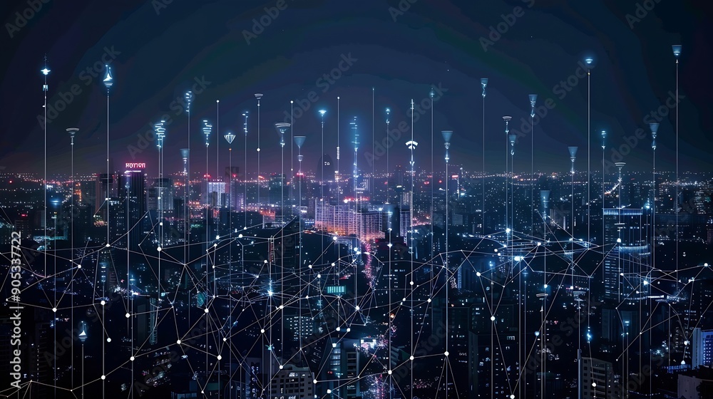 Poster Telecommunication network above city wireless mobile internet technology for smart grid or 5G LTE data connection concept about IoT global business fintech blockchain : Generative AI