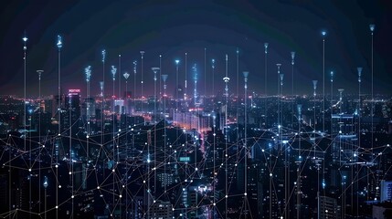 Telecommunication network above city wireless mobile internet technology for smart grid or 5G LTE data connection concept about IoT global business fintech blockchain : Generative AI