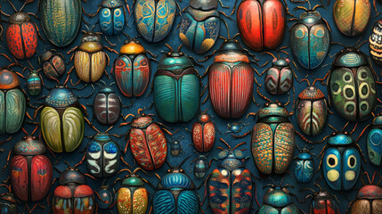 Fototapeta premium A pattern of colorful beetles with intricate shell designs in various shades of blue, red, and green, forming a fascinating and vibrant background.