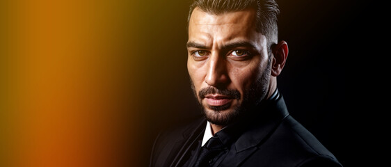 Obraz premium close-up of a man with a stern expression, wearing a suit and tie, set against a gray background.