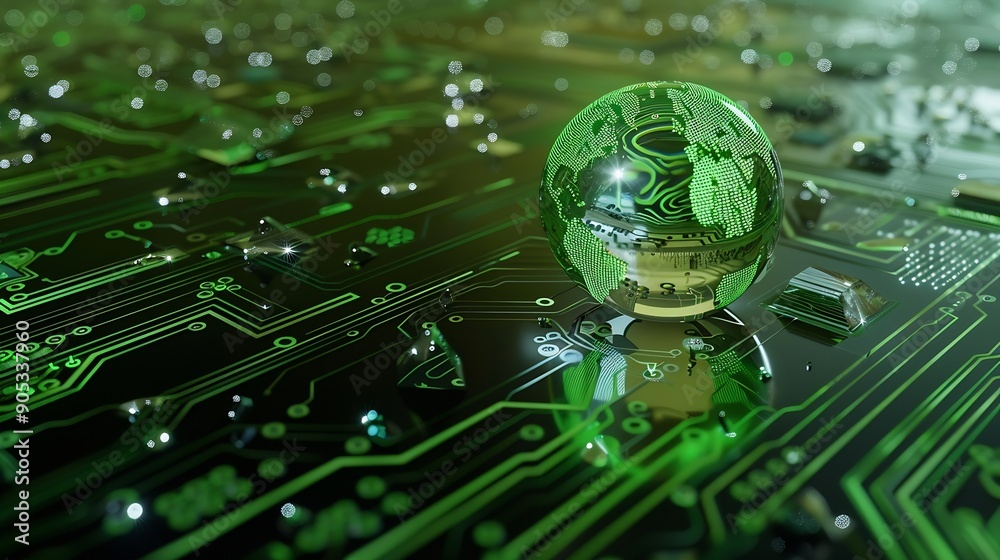 Poster Concept of green technology crystal globe on circuit board technology innovations Environment Green Technology Computer ChipGreen Computing and Technology CSR and IT ethics Ai : Generative AI