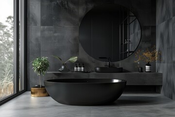 Modern bathroom interior with beige and white walls, shower area, basin with mirror, shelf and grey concrete floor, Generative AI