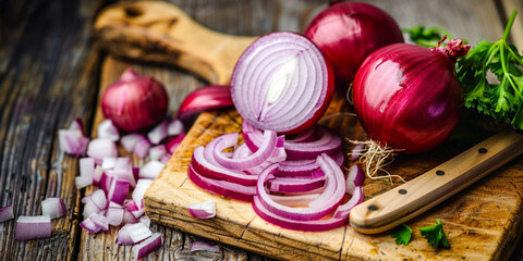 A close up of a cutting board with onions and green onions food photography