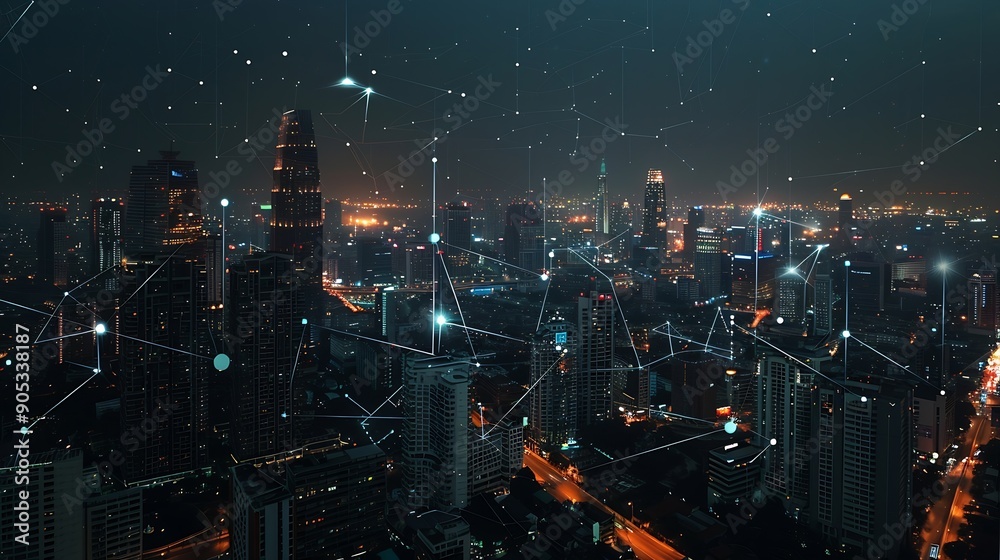 Poster Banner smart city dot point connect with gradient line connection technology metaverse concept Bangkok city background at night with big data in Thailand Panorama view : Generative AI