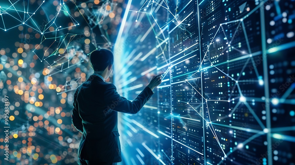 Poster Big data digital technology concept Software engineer touching on virtual internet network connection with data center network server innovative futuristic technology background data m : Generative AI