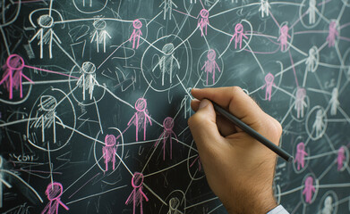 A hand drawing a complex network of connections on a blackboard with chalk.