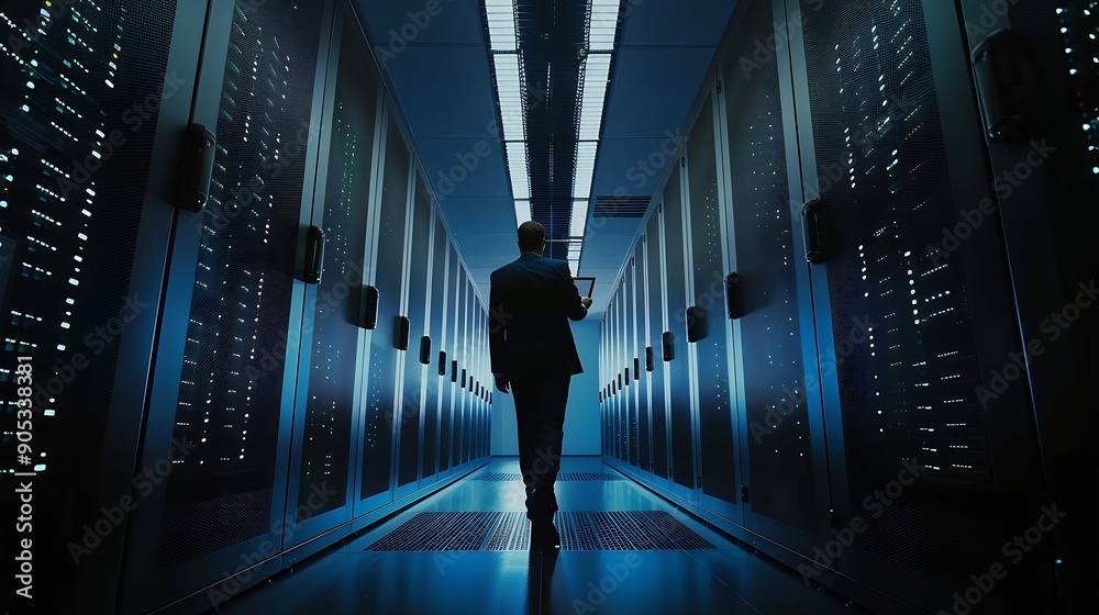 Aufkleber Male IT Specialist Walks Between Row of Operational Server Racks in Data Center Engineer Uses Tablet Computer for Maintenance Concept for Cloud Computing Artificial Intelligence Cybers : Generative AI