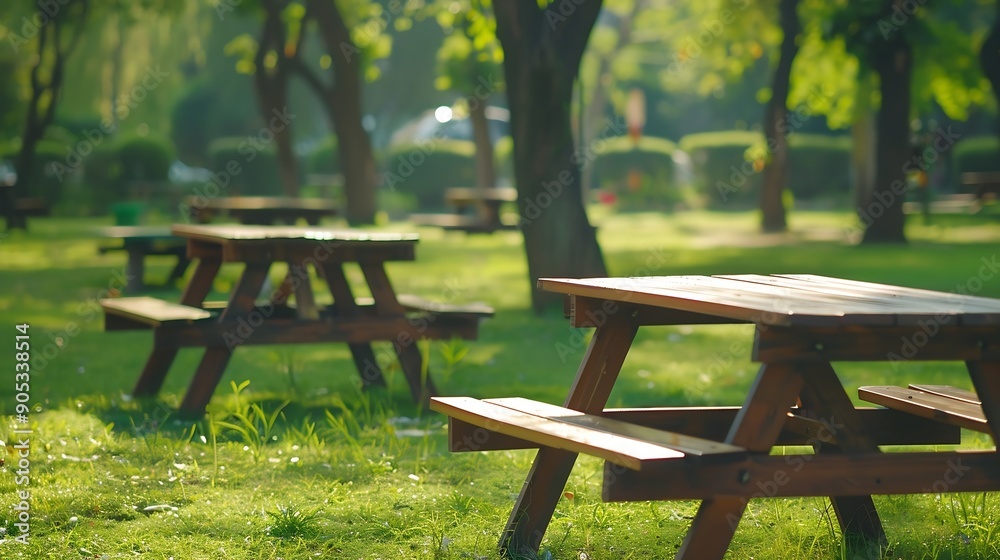 Poster park picnic table bench rest relax outdoors benches and tables on green grass in recreational area :