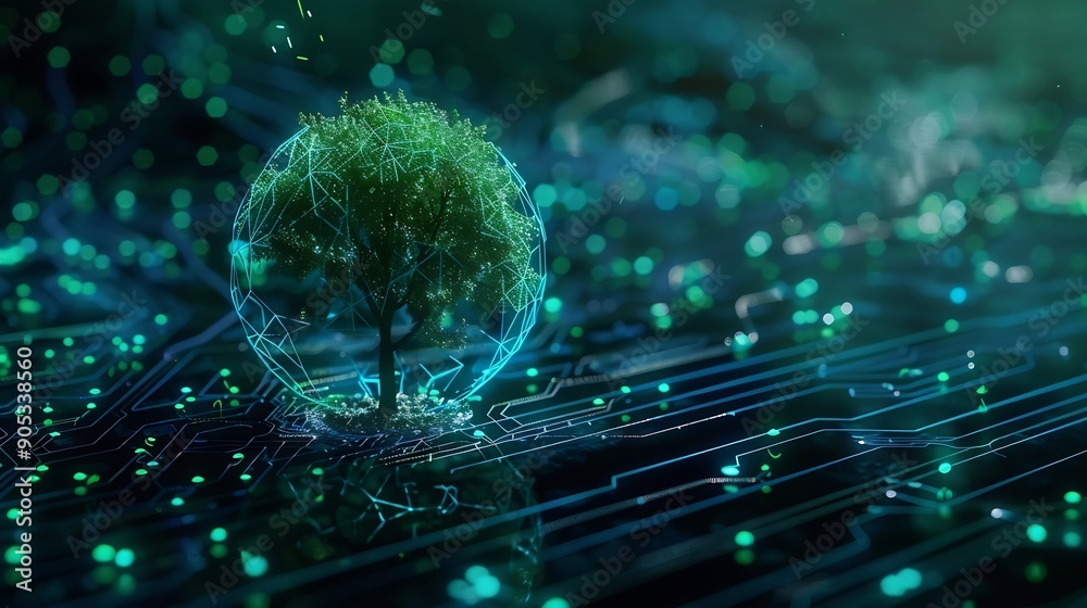 Leinwandbilder Tree growing on Circuit digital ball Digital and Technology Convergence Blue light and Wireframe network background Green Computing Green Technology Green IT csr and IT ethics Concept : Generative AI