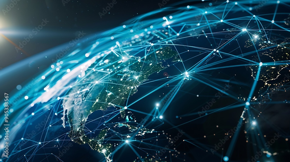 Poster Communication technology with global internet network connected around the world Telecommunication and data transfer international connection links IoT finance business blockchain secu : Generative AI