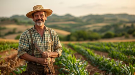Smiling Farmer Standing Proudly in Green Field at Sunset With Rolling Hills in Background. Generative AI