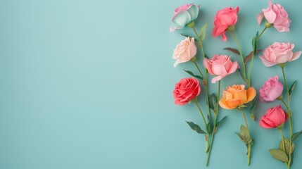 Obraz premium A minimalist design featuring a border of rainbow roses, adding a touch of color and elegance to a blank space, ideal for adding text or graphics.
