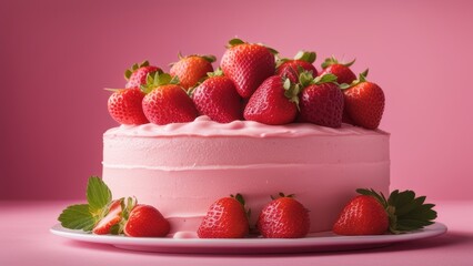 A delectable round cake adorned with pink icing and white frosting boasts a stunning top layer of fresh strawberries in neat rows set against a soft background exuding warmth and elegance.
